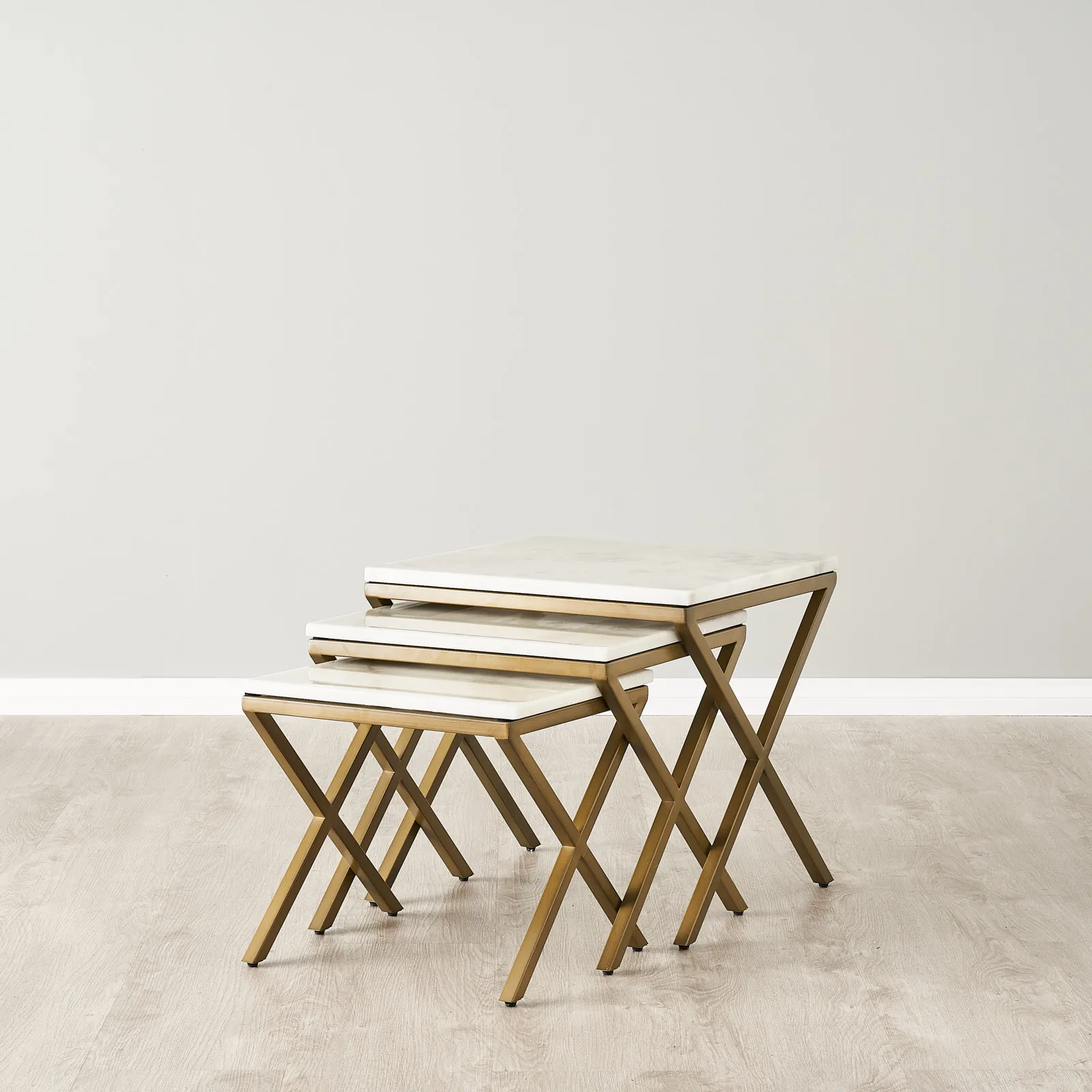 Belle Natural White Marble Nested Side Tables - Brushed Bronze Legs