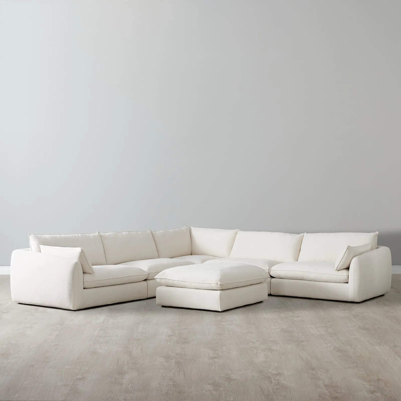 Macie Chiffon White Fabric Corner Sofa with Ottoman