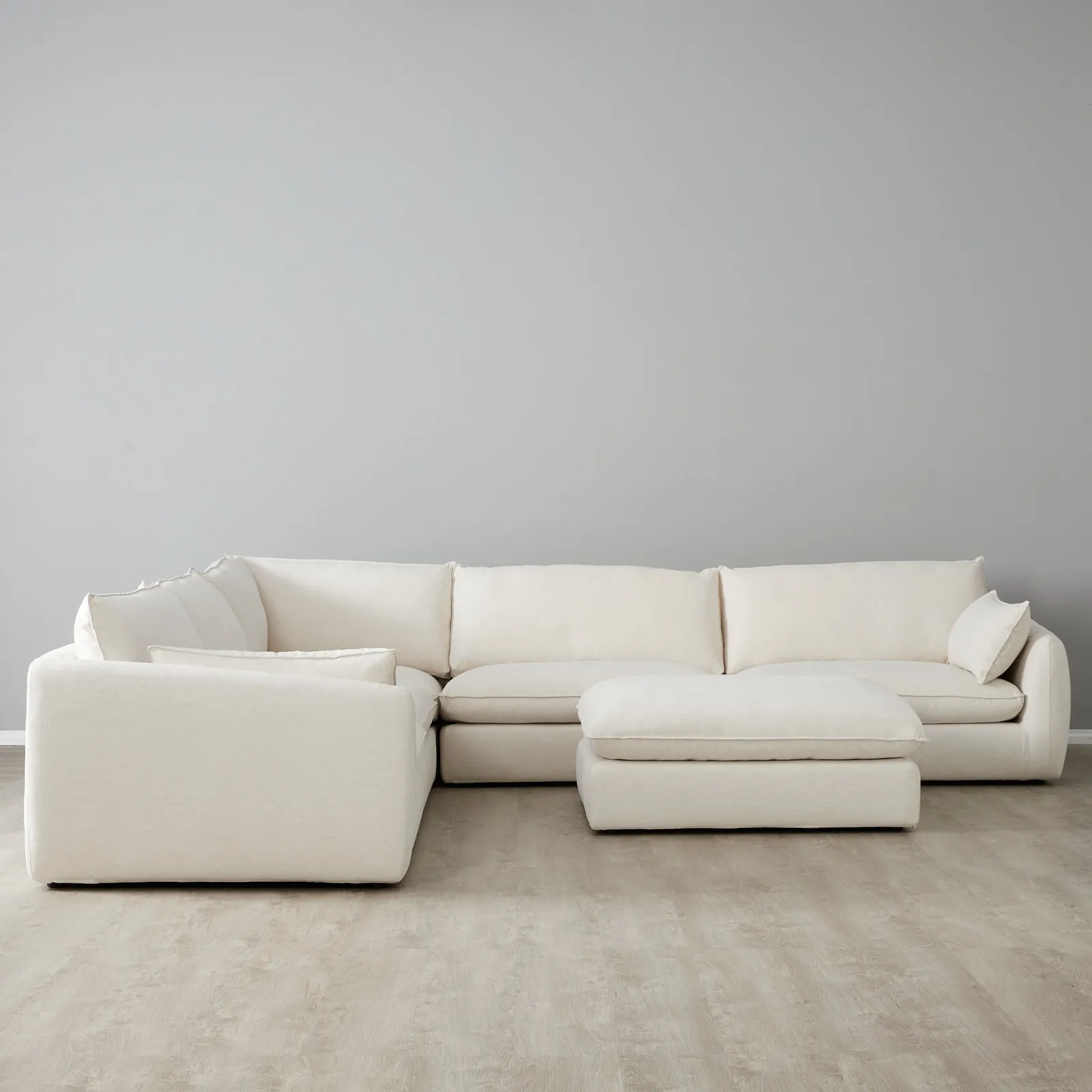 Macie Chiffon White Fabric Corner Sofa with Ottoman